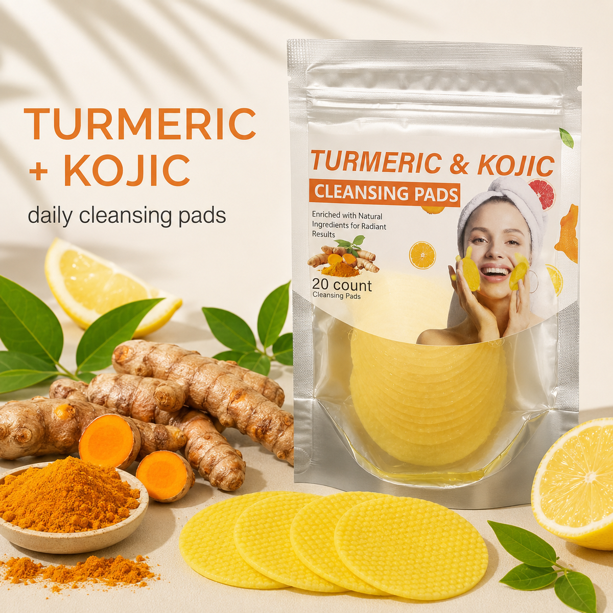 🏆Surprise Price:minimum Only $5.99!!!⚡Turmeric & Kojic Acid Cleansing Pads 20pcs🍋