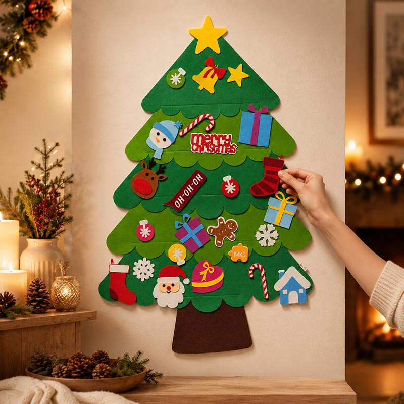 A hand placing a decoration on the felt Christmas tree