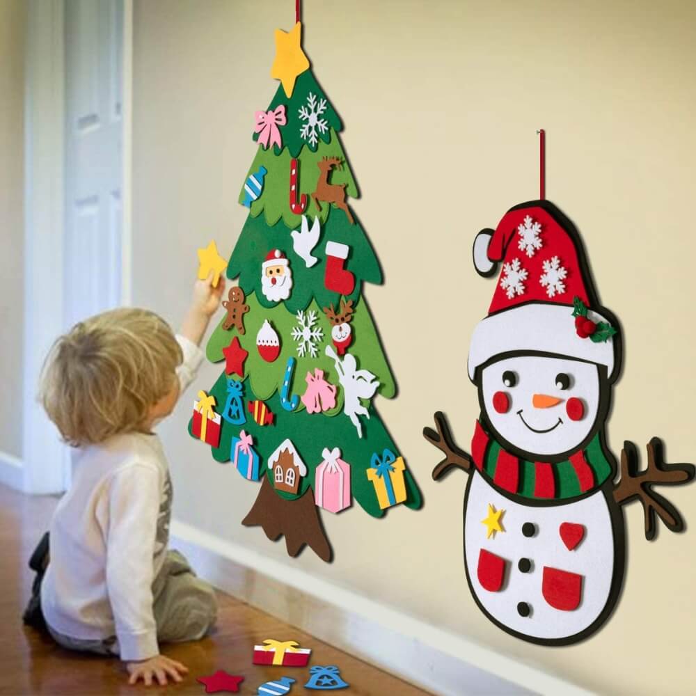 Child beside a felt Christmas tree and felt snowman; available as separate options or a bundle